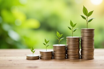 Growing financial success concept with stacked coins and seedlings on wooden surface