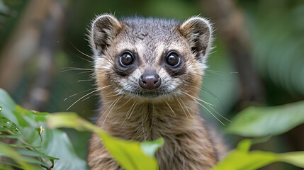 Obraz premium Amazon South American Coati face, its fur and whiskers detailed with a blurred background providing
