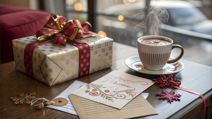 Elegantly wrapped gift on the table.