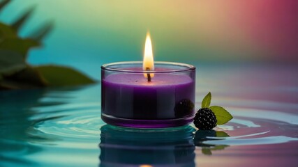 blackberry sage tealight candle floating on water with gradient and bright background