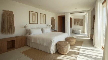 Minimalist Bedroom Interior Design with White Bed and Natural Textures