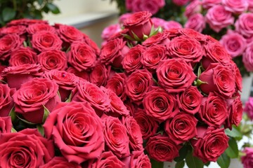 Obraz premium Vibrant red and pink roses in full bloom creating a captivating display of floral beauty