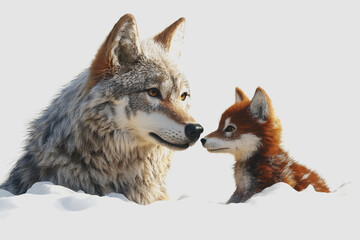Obraz premium Tender Moment Between Wildlife Companions in , Showcasing the Bond Between a Wolf and a Young Fox in an Isolated Setting with a Clean White Background