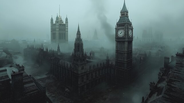 Dark steampunk fantasy of London's Houses of Parliament and Big Ben shrouded in mysterious fog. Gothic architecture emerges through misty atmospheric haze