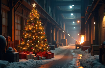 Christmas tree with gifts at the foundry, metallurgical plant