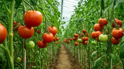 A panoramic view of a tomato greenhouse, with rows of tall tomato plants heavy with ripe, red fruit