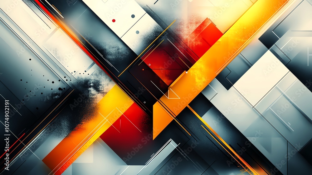 Poster abstract geometric background with orange and red stripes and black lines.