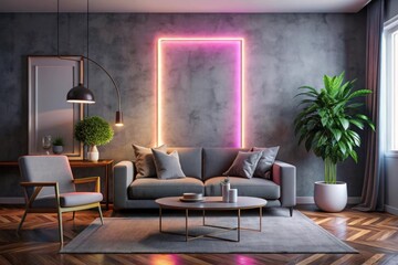 a room with a couch, a table, and a sign that says house on it