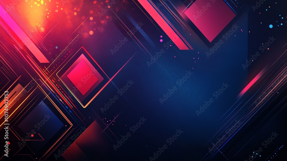 Poster abstract geometric background with glowing lines and red squares on a dark blue background.