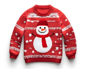Festive red sweater featuring a cheerful snowman design, perfect for celebrating the holiday season with warmth and style.