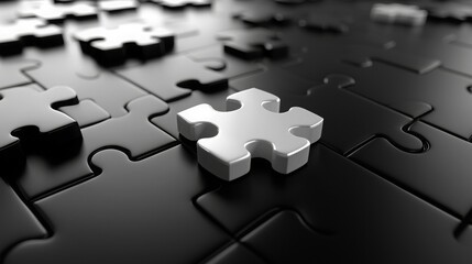 A single silver puzzle piece stands out against a field of black pieces, representing uniqueness and isolation.