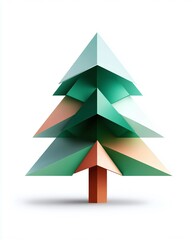 Obraz premium Abstract Geometric Tree Illustration Featuring Layers of Triangles in Gradient Shades of Green, Teal, and Peach with a Simple Brown Trunk for Minimalist Design