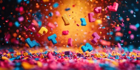 A vibrant explosion of colorful candy letters amidst a swirling chaos of sprinkles creates a dynamic and visually striking scene of playful abstraction