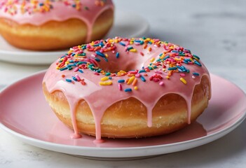 Close-up of a single glazed donut with pink icing and colorful sprinkles on top, placed on a white plate, with a soft, fluffy texture and vibrant colors. Ai generated image.