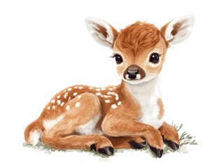 A cute and gentle fawn resting on the grass, showcasing its soft fur and adorable features