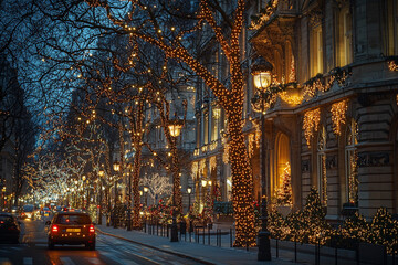 Festive holiday lights illuminate a charming street at dusk