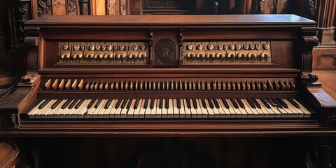 An intricately detailed vintage organ featuring numerous keys and buttons, showcasing exquisite craftsmanship and historical musical significance
