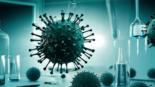 3D depiction of floating virus particles in a laboratory setting with scientific glassware
