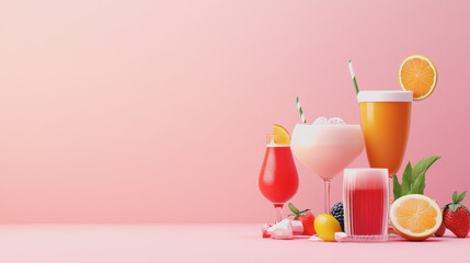 A Vibrant Display of Craft Cocktails with Colorful Garnishes on a Smooth Gradient Pink Background, Perfect for Summer Promotions and Beverage Menus