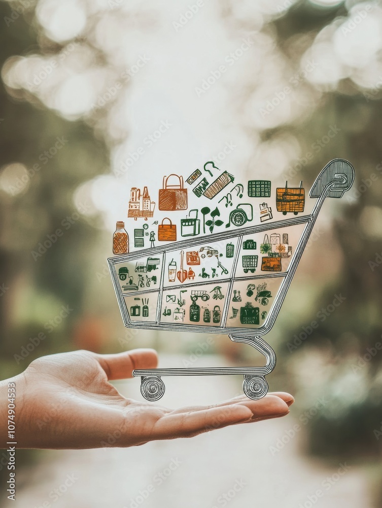 Poster a hand gripping an abstract shopping cart that contains various grocery items, set against a serene 