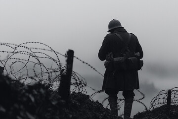 Soldier standing near barbed wire in foggy battlefield at dawn