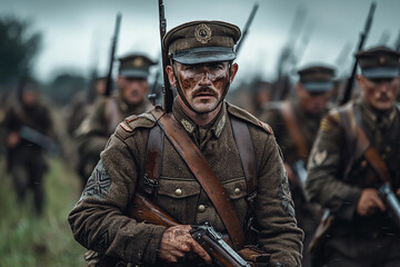 Obraz premium Soldiers advance through a muddy field during historic warfare drill