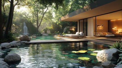 Naklejka premium A modern architectural retreat with a luxurious, serene poolside view nestled in lush greenery, featuring a tranquil waterfall in the background