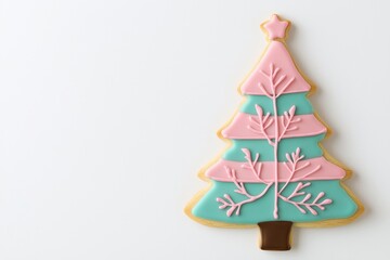 A beautifully decorated Christmas tree cookie with pastel colors, perfect for holiday celebrations and festive treats.