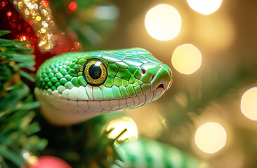 Fototapeta premium Green snake in Xmas decor