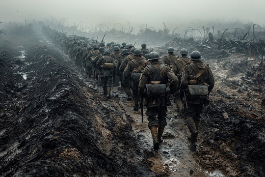 Soldiers march through muddy terrain in foggy war setting - Powered by Adobe