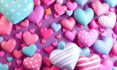 Fototapeta premium Colorful 3D hearts in various sizes and patterns create joyful and playful atmosphere. Perfect for expressing love and affection in designs