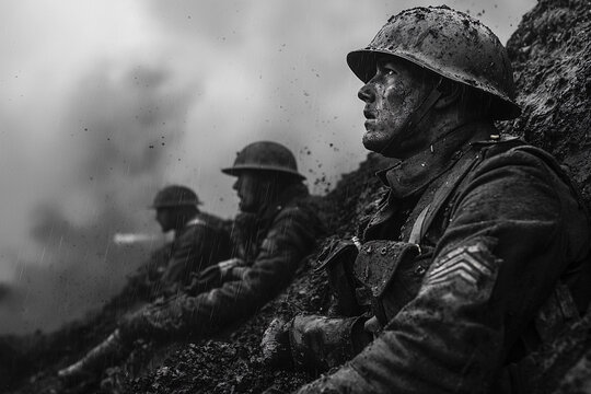Soldiers in muddy trenches during battle in World War I