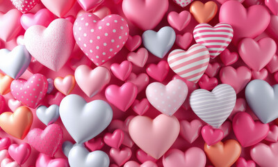 Fototapeta premium vibrant collection of 3D hearts in various colors and patterns, creating joyful and romantic atmosphere. Perfect for celebrations and decorations