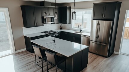 Modern Kitchen with Black Cabinets and Stainless Steel Appliances