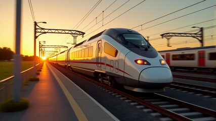 Naklejka premium High-Speed Train Traveling at Sunset