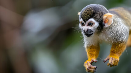Naklejka premium Amazon Squirrel Monkey jumping between branches, its agile movements captured mid-air