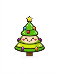 Charming Cartoon Christmas Tree with Colorful Ornaments and a Cute Face Perfect for Holiday Celebrations and Festive Decor Themes in Cheerful Designs