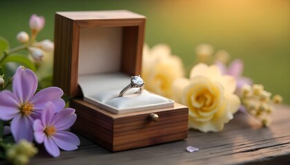 Diamond engagement ring displayed in a wooden box, adorned with soft lavender and pale yellow flowers with copy space