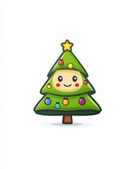 Cheerful Cartoon Christmas Tree Character with Ornaments and Star on Top Displaying a Friendly Smile Ideal for Holiday Themes and Festive Designs
