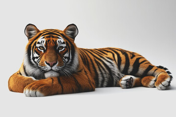 Obraz premium Realistic Illustration of an Exotic Tiger, Gracefully Reclining on White Background with Detailed Fur and Vibrant Colors, Perfect for Wildlife Enthusiasts and Animal Lovers