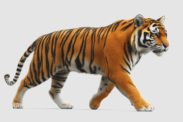 Realistic of a Majestic Tiger Walking Isolated on a White Background for Wildlife and Nature Enthusiasts