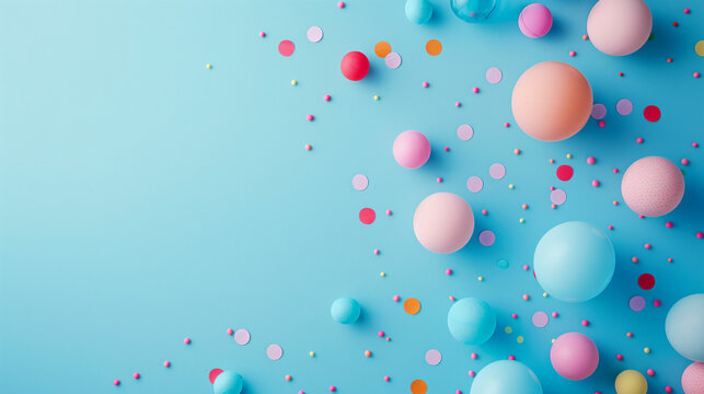 Colorful celebration backdrop featuring an array of pastel balloons scattered on a bright blue surface