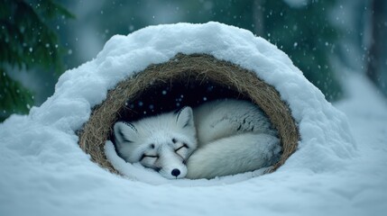 An arctic fox curled up cozy in a snowy den, surrounded by a serene winter landscape, exuding warmth and tranquility.
