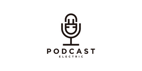 logo design combination of microphone and plug, electricity, charger, talk, podcast, logo design vector, symbol, icon, idea, creative.