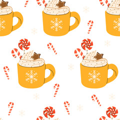 Seamless Christmas Pattern with cute Xmas Mug with cacao, whipped cream, marshmallow, gingerbread and candy cane. Seasonal flavored products, cards for New Year or winter holidays.