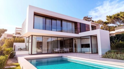Fototapeta premium A luxurious modern house with a sleek outdoor pergola next to a crystal-clear pool, surrounded by minimalistic landscaping, and set against a clear blue sky