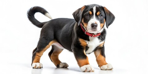 Cute Swiss Mountain Dog Strolling - Candid Photography of Typical Sennenhund Puppy in Collar, Looking Back, Flat Modern Illustration of Canine Animal Profile on White Background