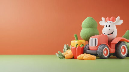 Obraz premium Playful Farm Scene Featuring Colorful Vegetable Toys and a Happy Cartoon Cow on a Smooth Gradient Background