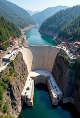 Aerial view of a modern dam in a mountainous, forested area, highlighting engineering and nature harmony.

