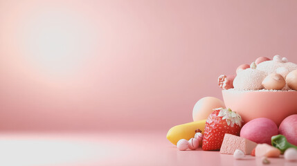 Colorful Assortment of Fresh Fruits and Sweets in a Bowl on a Soft Pink Smooth Gradient Background